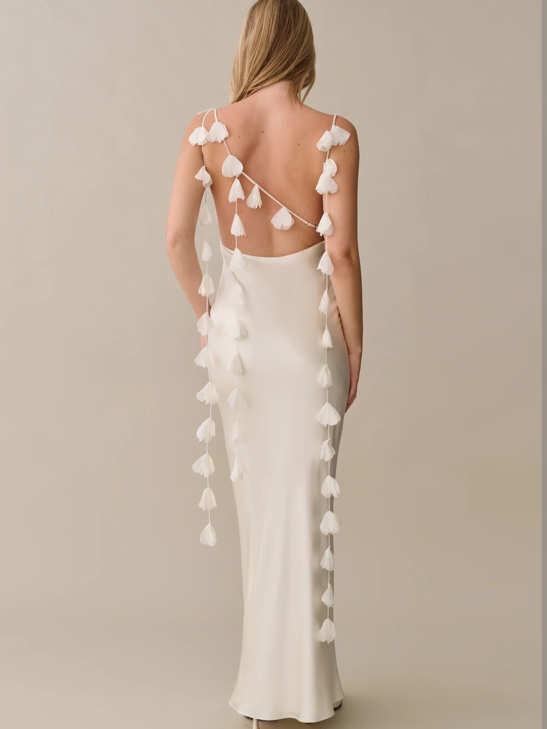 Backless Ivory Tassel-Trim Satin Maxi Dress
